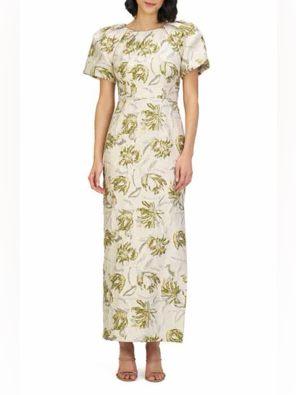 NWT JS Collection Elegant Cream Dress with Olive Floral Jacquard
